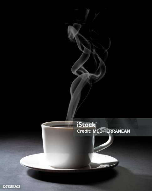 Coffee Cup On Dark Black Background Stock Photo - Download Image Now - Coffee - Drink, Smoke - Physical Structure, Steam