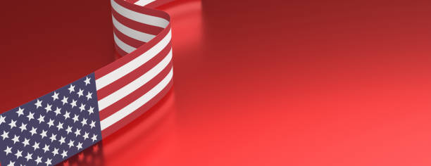 istock USA flag flyer on red background, copy space, card template. 3d illustration 1271354863