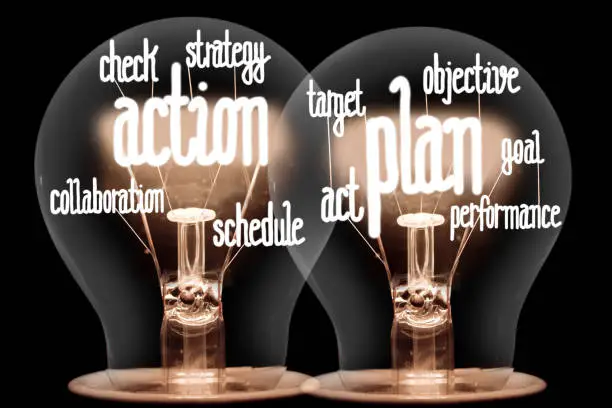 Photo of light bulb group with shining fibers in a shape of Action Plan, Strategy, Goal and Target concept related words isolated on black background
