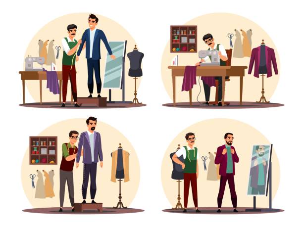 ilustraciones, imágenes clip art, dibujos animados e iconos de stock de sastre y cliente en el conjunto de escenas de la tienda de talleres - garment mannequin men store