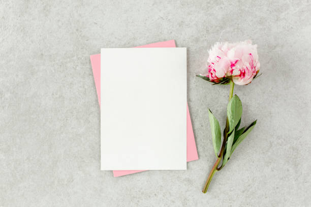 istock Mockup invitation, blank paper greeting card, pink envelope and peonies on gray stone table. Flower background. Flat lay, top view 1271359559
