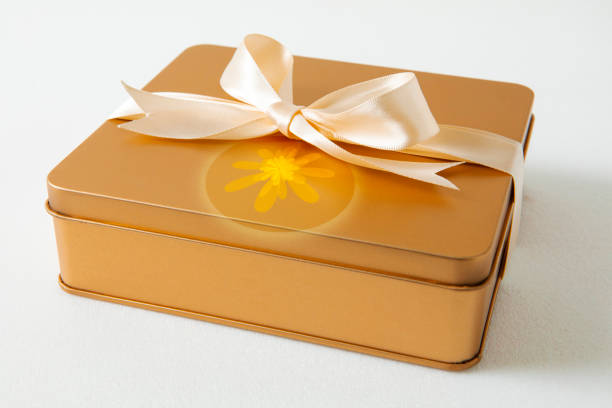 Mid-autumn festival, ribbon, golden gift box, white background stock photo