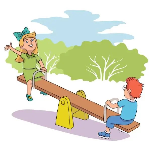 Vector illustration of Cute children on swing playground. Happy friends playing in park in summer holidays. Outdoor childhood games vector illustration. Boy and girl riding on single swing. Free play activity