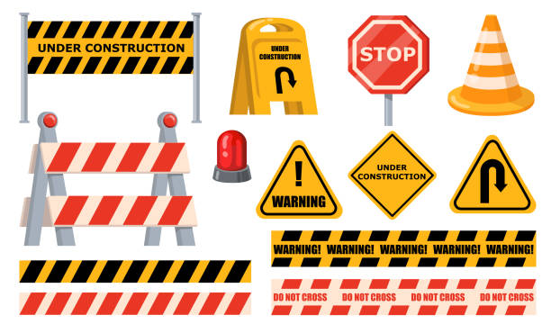 Road barriers set Road barriers set. Warning and stop signs, under construction boards, yellow tape and cone. Flat vector illustrations for roadblock, roadwork, traffic barricade concept. barricade stock illustrations