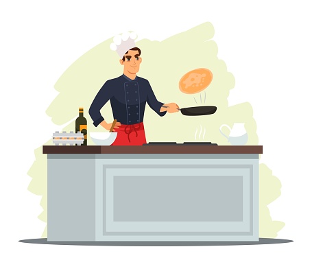 Chef cooking pancakes in restaurant kitchen. Master makes dish from dough. Professional culinary show vector illustration. Homemade breakfast meal, preparing food process.