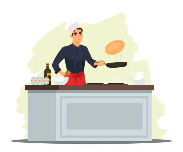 Vector illustration of Chef cooking pancakes in restaurant kitchen. Master makes dish from dough. Professional culinary show vector illustration. Homemade breakfast meal, preparing food process
