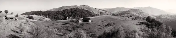 old sheepfold on the top of the hill in the fall season, Fantanele village, Sibiu county, Romania