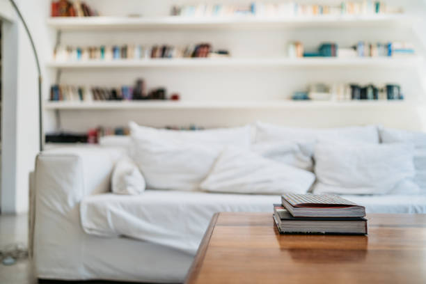 Cozy living room and books on coffee table.