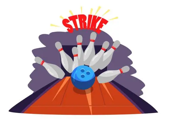 Vector illustration of Strike win in bowling background scene. Lane with tenpins, ball hitting skittles at club. Recreation and hobby vector illustration. Night entertainment, fun leisure activity