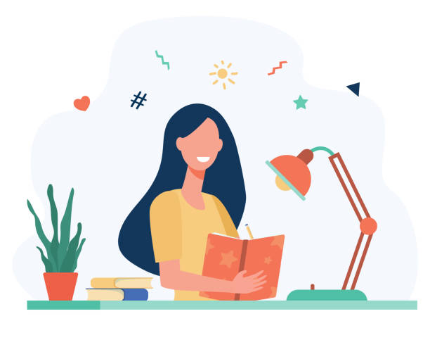 Girl writing in diary or journal isolated flat vector Girl writing in diary or journal isolated flat vector illustration. Cartoon teenager reading book or studying. Lifestyle and education concept creative occupation illustrations stock illustrations