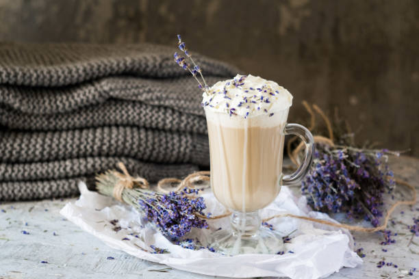 hot lavender raf latte cappuccino with dried lavender on wooden table. good morning concept. selective focus. - military canteen imagens e fotografias de stock