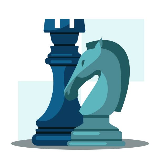 ilustrações de stock, clip art, desenhos animados e ícones de chess knight and rook figure pieces. strategic thinking 3d game vector illustration. blue symbols on check background. fighting for victory sport on chessboard. strategy concept - board game piece leisure games blue isolated