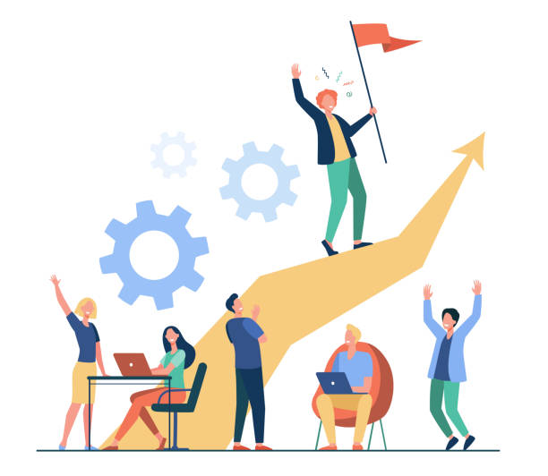 Business leader standing on arrow and holding flag Business leader standing on arrow and holding flag flat vector illustration. Cartoon people training and doing business plan. Leadership, victory and challenge concept achievement stock illustrations