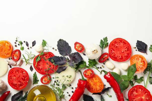 istock Different herbs and spices on white background, top view 1271367765