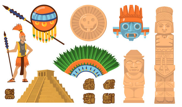 ilustraciones, imágenes clip art, dibujos animados e iconos de stock de conjunto de símbolos aztecas y mayas - guerrero azteca
