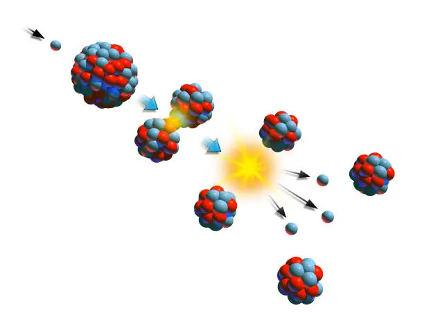 Nuclear fission chain reaction. Digital illustration.