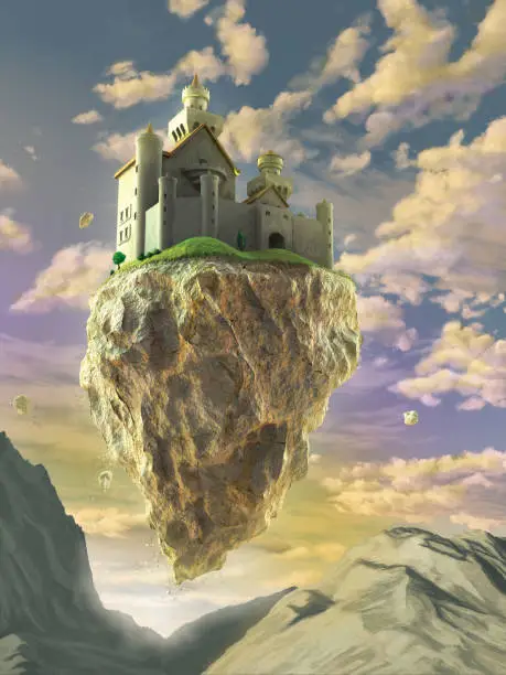 Fantasy castle floating on a big rock over a gorgeous sunset landscape. Digital illustration.