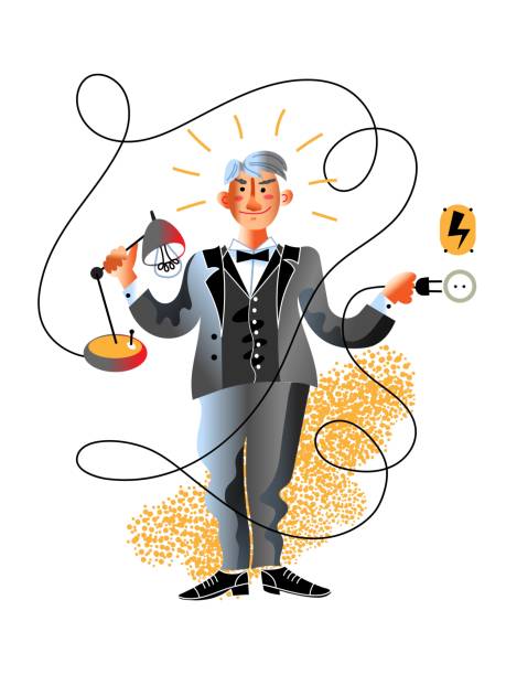 ilustraciones, imágenes clip art, dibujos animados e iconos de stock de edison gran descubridor de sosteniendo lámpara y enchufe - inventor