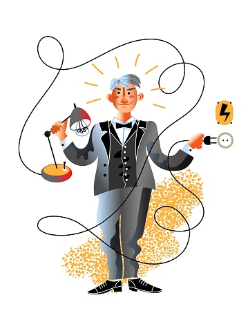Thomas Alva Edison great discoverer scientist holding lamp and plug. Light bulb, wire and socket. Famous historic american inventor genius character. Electricity discover. Vector illustration