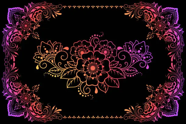 Vector illustration of Stylized with henna tattoo decorative pattern for decorating covers book, notebook, postcard, folder. Flower and farme border in mehndi style and eastern tradition. Rainbow design on black background