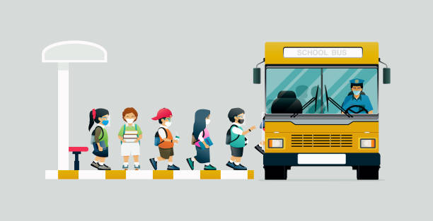 illustrations, cliparts, dessins animés et icônes de autobus scolaire - bus child waiting education