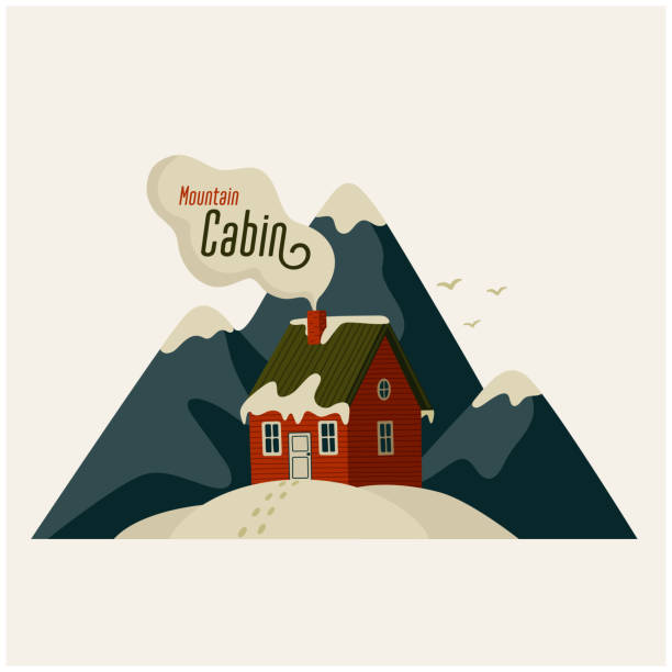 산 오두막. 눈 덮인 산의 붉은 집 - cabin log log cabin winter stock illustrations