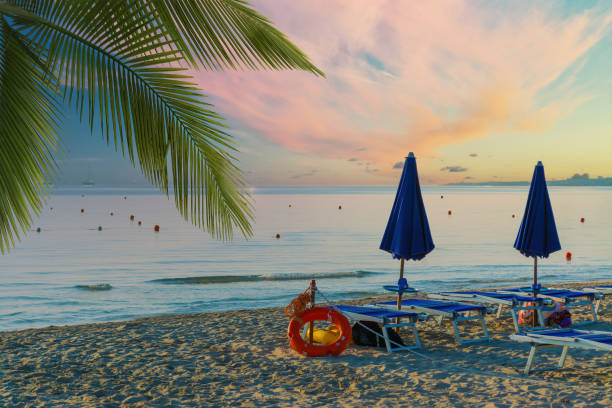 istock Closed umbrellas on the beach 1271374272