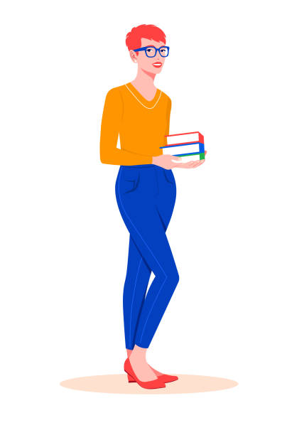 빨간 머리 의 여��자는 그녀의 손에 책을 들고. 사서가 하얀 배경에 서 있다. - professor librarian university library stock illustrations