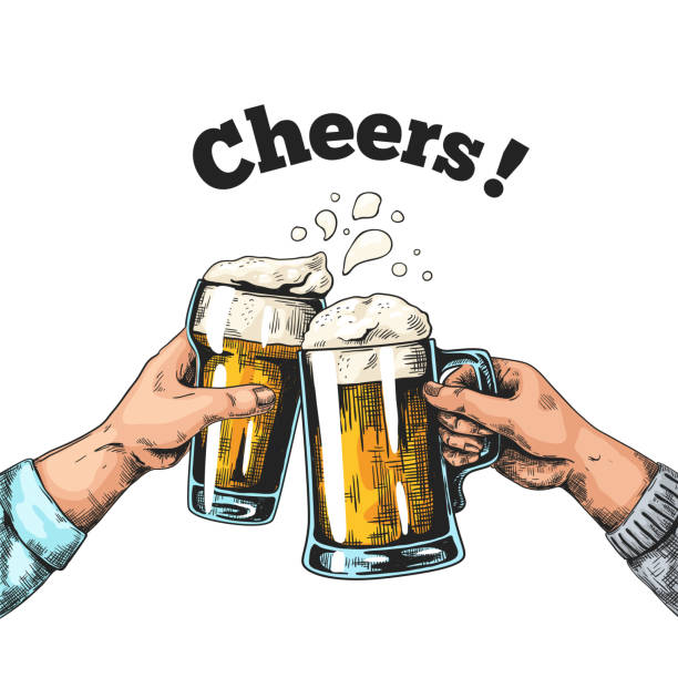 stockillustraties, clipart, cartoons en iconen met handen met biermokken. hand getrokken affiche met uitstekende pubglazen met bier en handen, gekleurde inktschets. vectorpub-pop-upsjabloon - bier