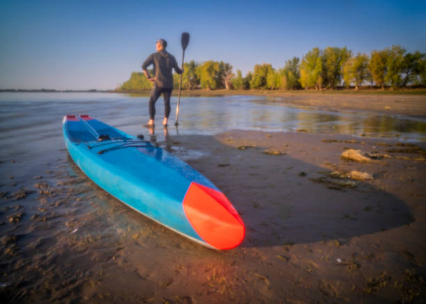 istock stand up paddler and his paddleboard on a lake beach 1271377153