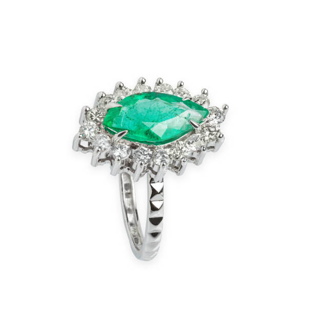 istock Silver ring with gemstone and diamonds isolated on white background 1271377697