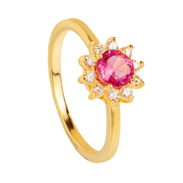 istock Gold ring with gemstone and diamonds isolated on white background 1271377738