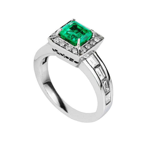 istock Silver ring with gemstone and diamonds isolated on white background 1271378276