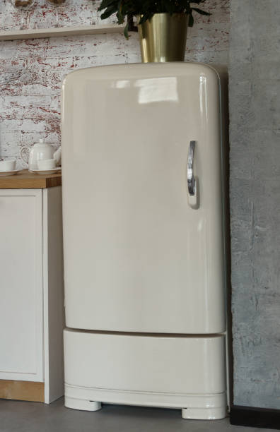 istock Old vintage fridge with chrome handle in loft style kitchen 1271378285