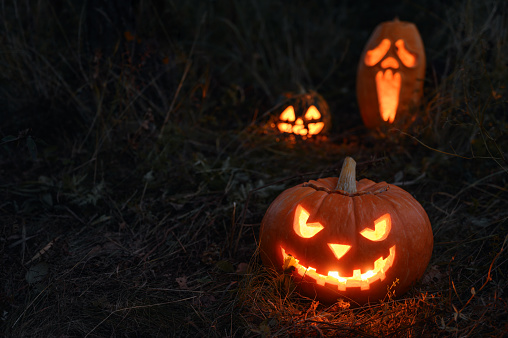Three Glowing spooky Halloween pumpkin on the ground at night, outdoor. Copy space.