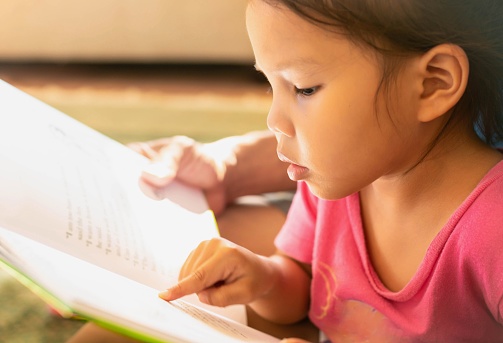 A young child pointing at words on a book, concentrating on learning how to read at home.