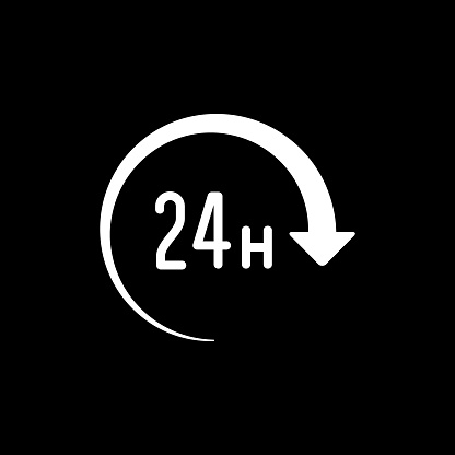 24 hours icon or twenty four hour symbol isolated on black. Vector illustration