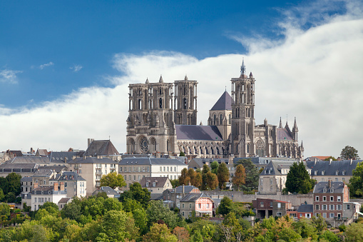 Aerial view of Laon Cathedral (French: Cathédrale Notre-Dame de Laon), a Roman Catholic church located in Laon, Aisne, Hauts-de-France, France. Built in the twelfth and thirteenth centuries, it is one of the most important and stylistically unified examples of early Gothic architecture.