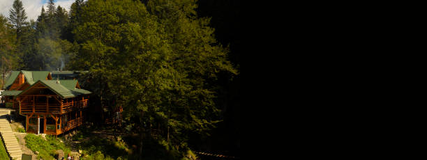 istock forest cottage scenic view wallpaper panorama concept picture with black background empty copy space for your text here 1271385335