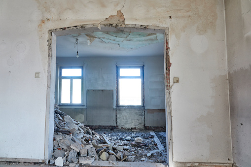 ruined apartment room with the sea window view