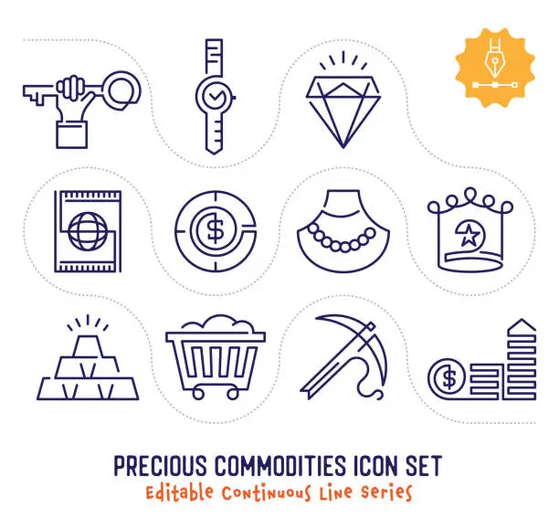 Vector illustration of Precious Commodities Editable Continuous Line Icon Pack