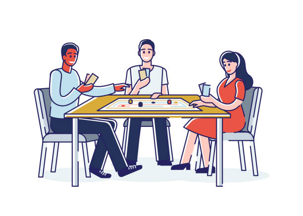 freunde spielen brettspiel. gruppe junger erwachsener verbringt zeit miteinander beim spielen - table house of cards strategy business stock-grafiken, -clipart, -cartoons und -symbole