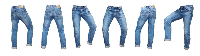 Set of empty denim jeans pants in different pose. Model fashion show blank textile design mock up