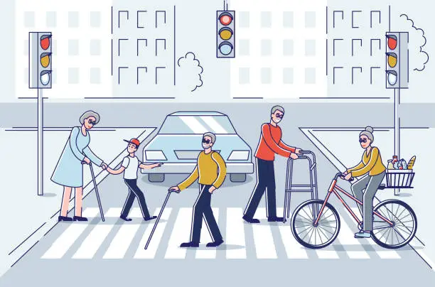 Vector illustration of Senior men and women walking in city. Older people group crossing street holding sticks