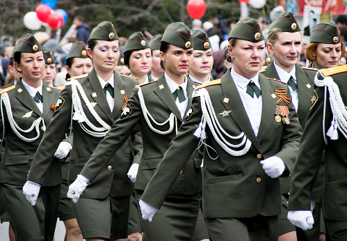 Tomsk, Russia - May 9, 2016: Procession of female platoon at the celebration of Victory Day