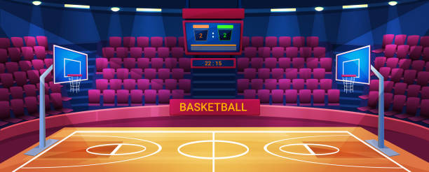 Empty basketball arena, sport stadium vector illustration, cartoon flat court field interior with illumination, scoreboard screen, sport game equipment background Empty basketball arena, sport stadium vector illustration. Cartoon flat court field interior with illumination, scoreboard screen for gamer team competition, basketball sport game equipment background scoreboard stadium sport seat stock illustrations