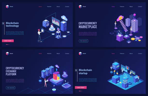 Blockchain cryptocurrency marketplace technology isometric vector illustration set with cryptocoin platform startup, stock exchange for digital money Blockchain cryptocurrency marketplace technology isometric vector illustrations. Cartoon blue 3d design template interface tech set with cryptocoin platform startup, stock exchange for digital money construction platform illustrations stock illustrations