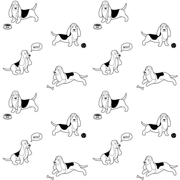 pattern Cartoon happy character - trendy seamless pattern with basset hound. Flat vector illustration. cartoon basset hound walking stock illustrations