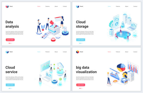 illustrations, cliparts, dessins animés et icônes de technologie numérique isométrique des illustrations vectorielles d’analyse de données, ensemble de bannières conceptuelles pour les services de stockage en nuage de base de données, analyse et stockage d’informations techniques - cyberspace storage room network server data