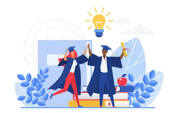 Vector illustration of Graduate people celebrate vector illustration, cartoon flat tiny group of happy graduating students characters celebrating graduation, holding school diploma